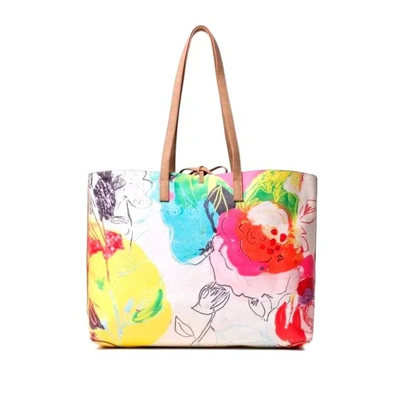 Desigual NWOT Reversible Tote Bag Set Large Floral Tan Pouch Bohemian Chic Art - Picture 6 of 14